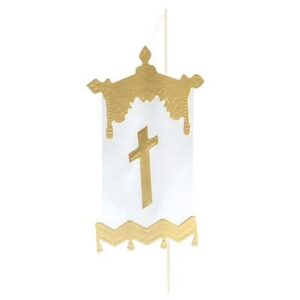 Communie: witte vlag met gouden kruis 12cm