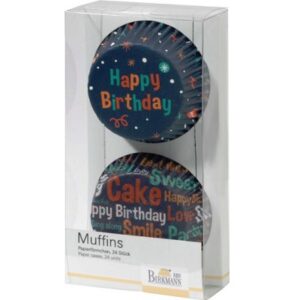 Cups voor muffins/cupcakes 'Happy Birthday', blauw 7 cm